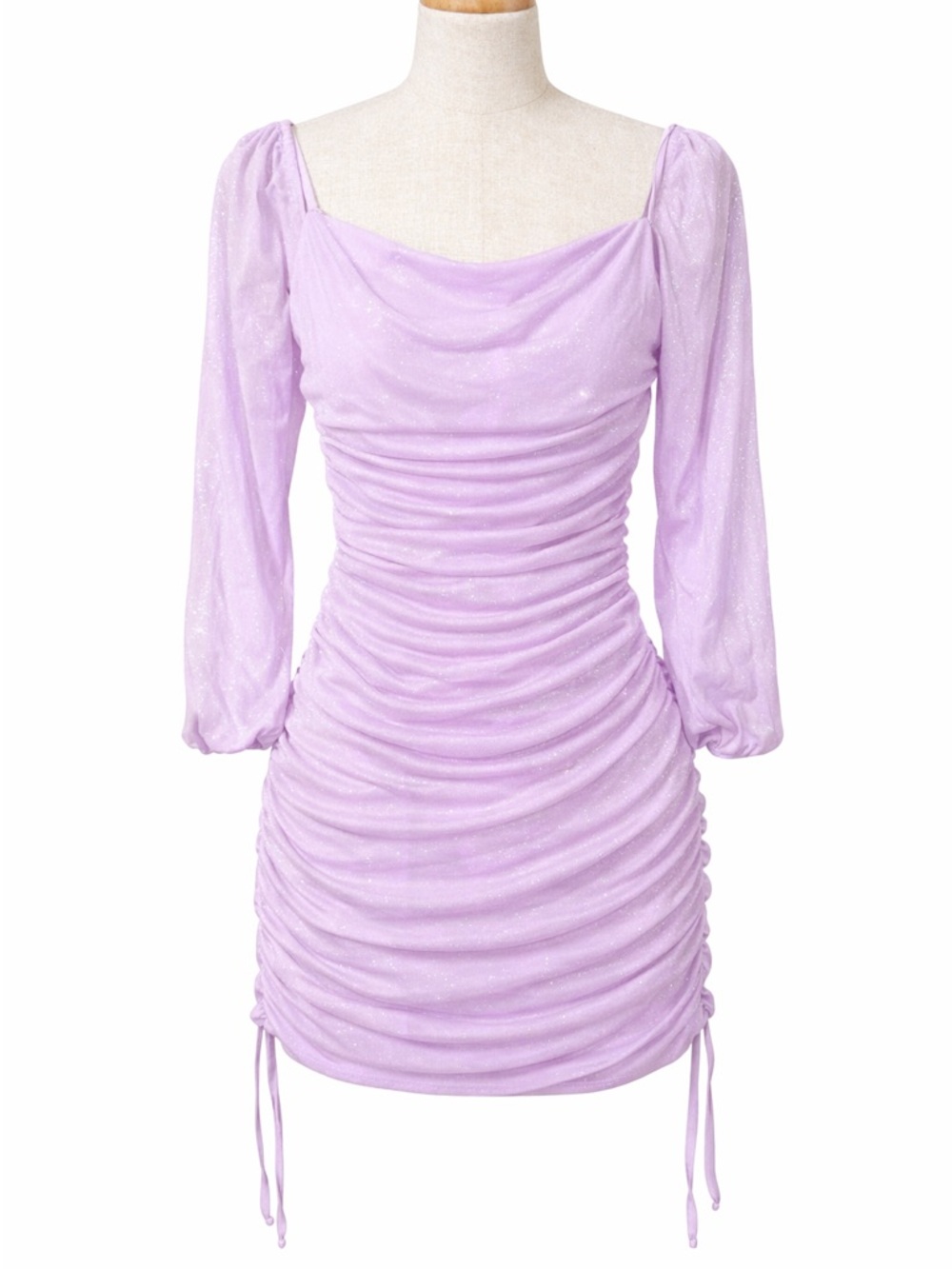 Lilac Sparkle Ruched Long-Sleeve Mini Dress size small